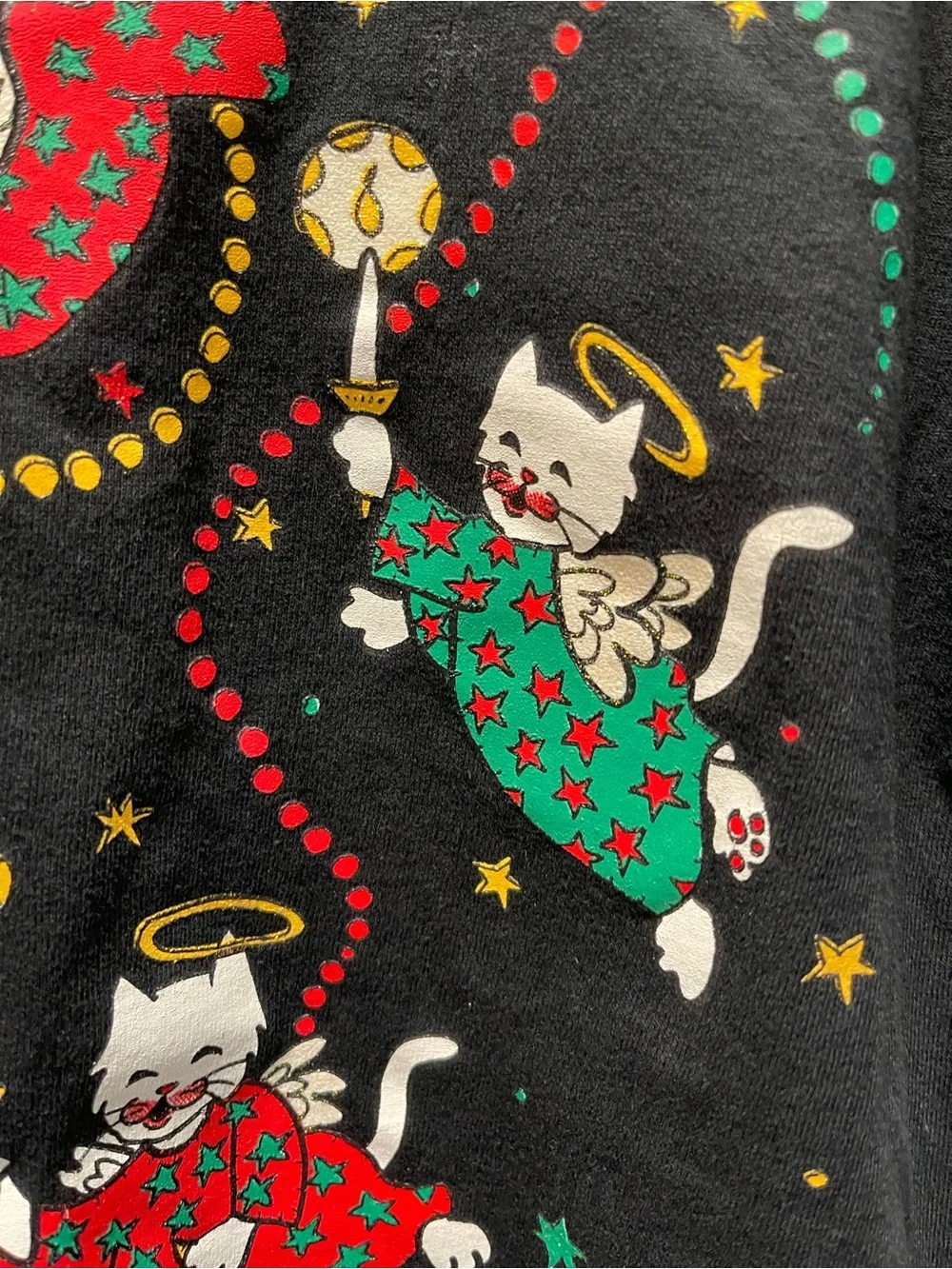 Vintage 90s Jerzees Cat Angel Christmas T Shirt L Black Holiday Graphic USA